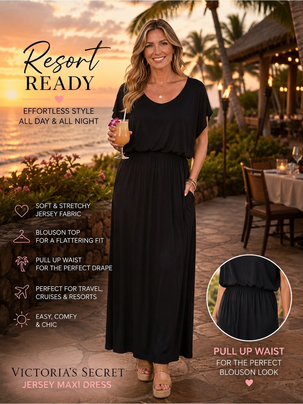 Victoria's Secret Black Jersey Maxi Dress with Blouson Top small